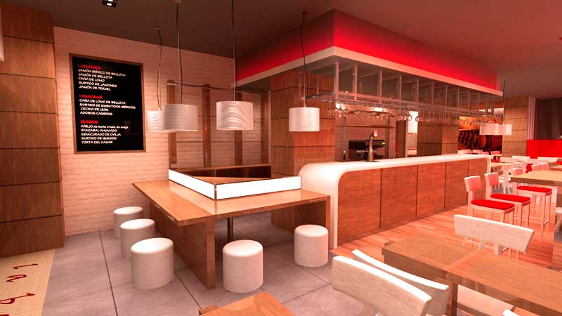 Interiorismo 3D - Hostelería - Barra en cervecería restaurante Bilbao