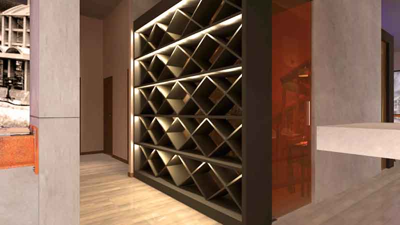 Interiorismo 3D - Hosteleria - Estanteria vino en entrada banos Culleredo - A Coruña