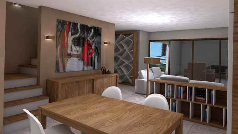 Interiorismo 3D - Salon - Comedor en vivienda de playa República Dominicana
