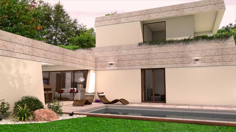 Arquitectura 3D - Unifamiliar - Fachada posterior de vivienda de playa República Dominicana
