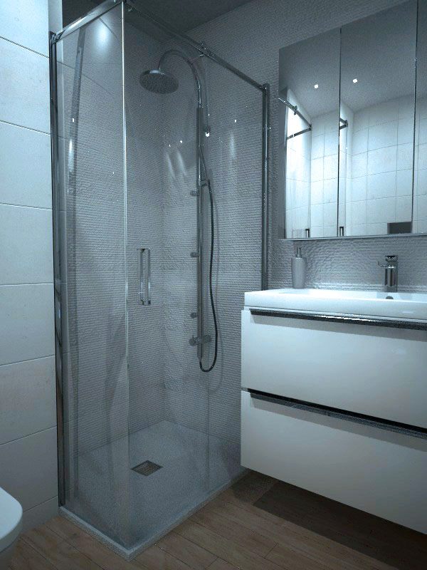 Interiorismo 3D - Baño - Infografía de zona de ducha en baño de colores blancos A Coruña